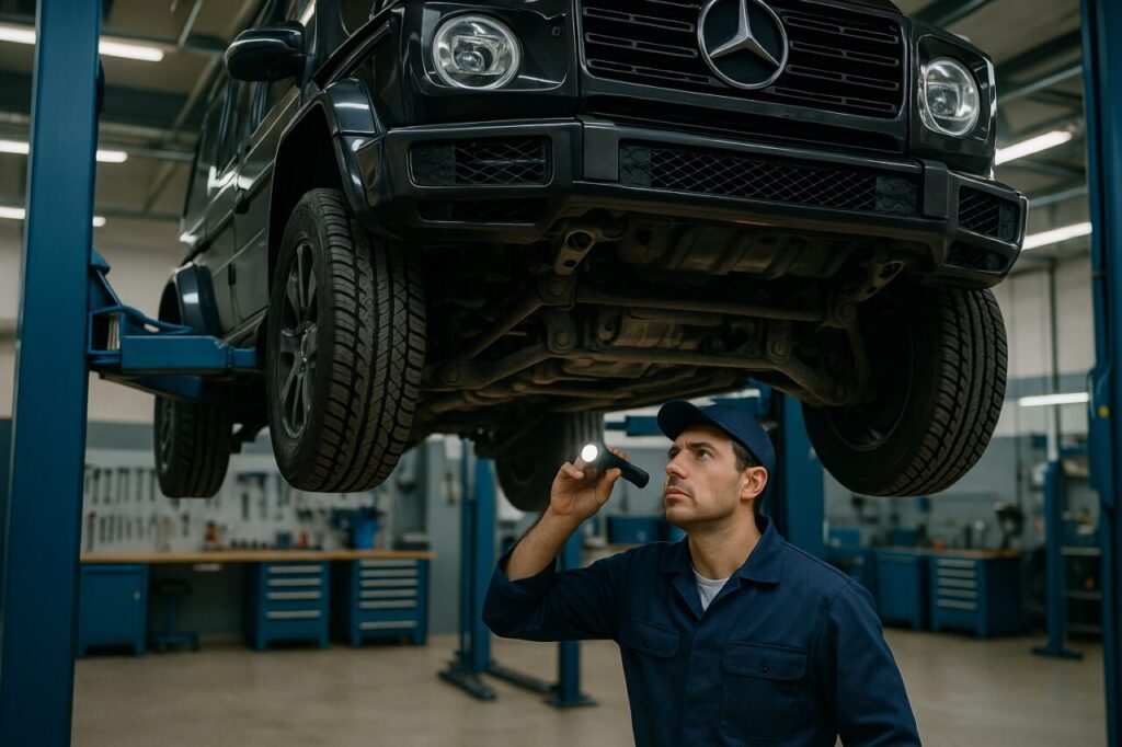 Meccanico italiano ispeziona il telaio a longheroni di una Mercedes Classe G usata su ponte elevatore