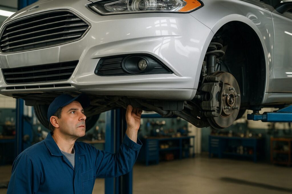 Meccanico italiano controlla la trasmissione PowerShift e i freni di una Ford Fusion usata