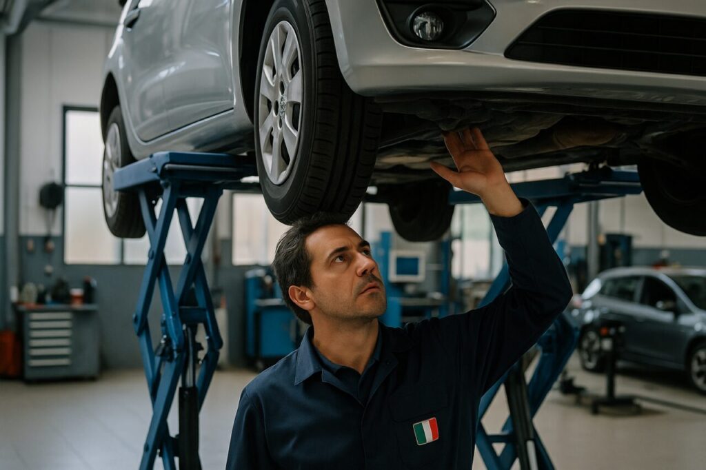 Meccanico italiano ispeziona il sottoscocca di una Kia Rio su elevatore