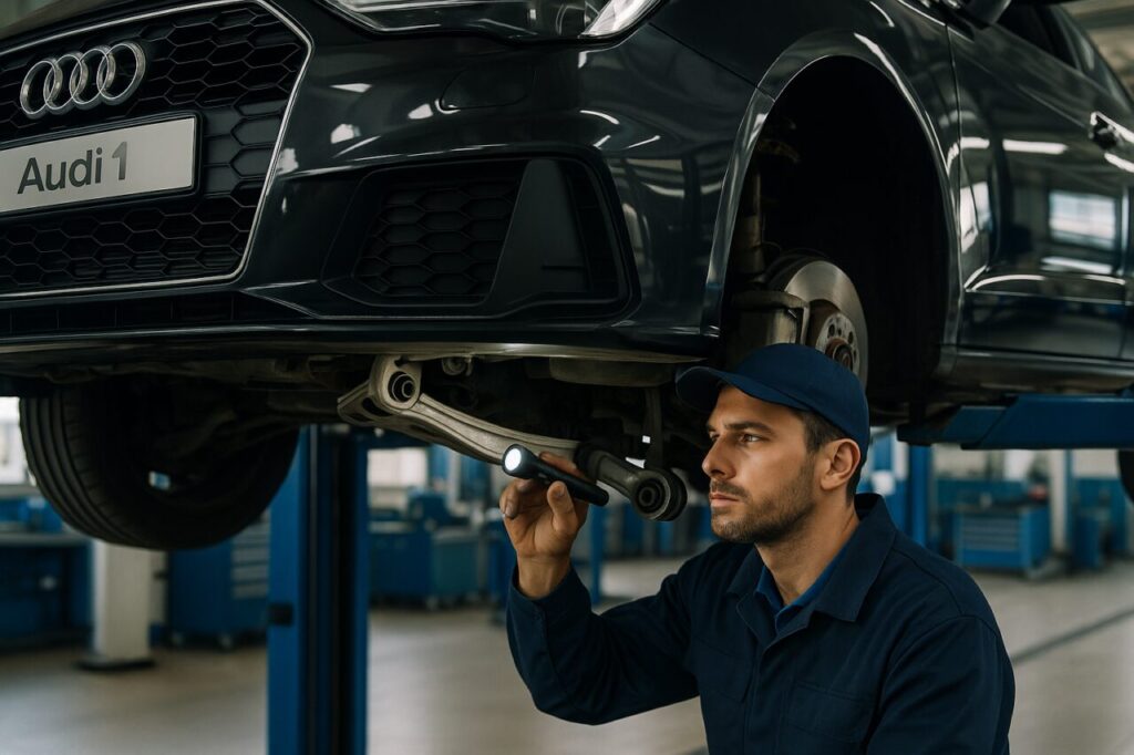 Meccanico italiano controlla i braccetti anteriori e il sottoscocca di un'Audi A1 usata sul ponte sollevatore