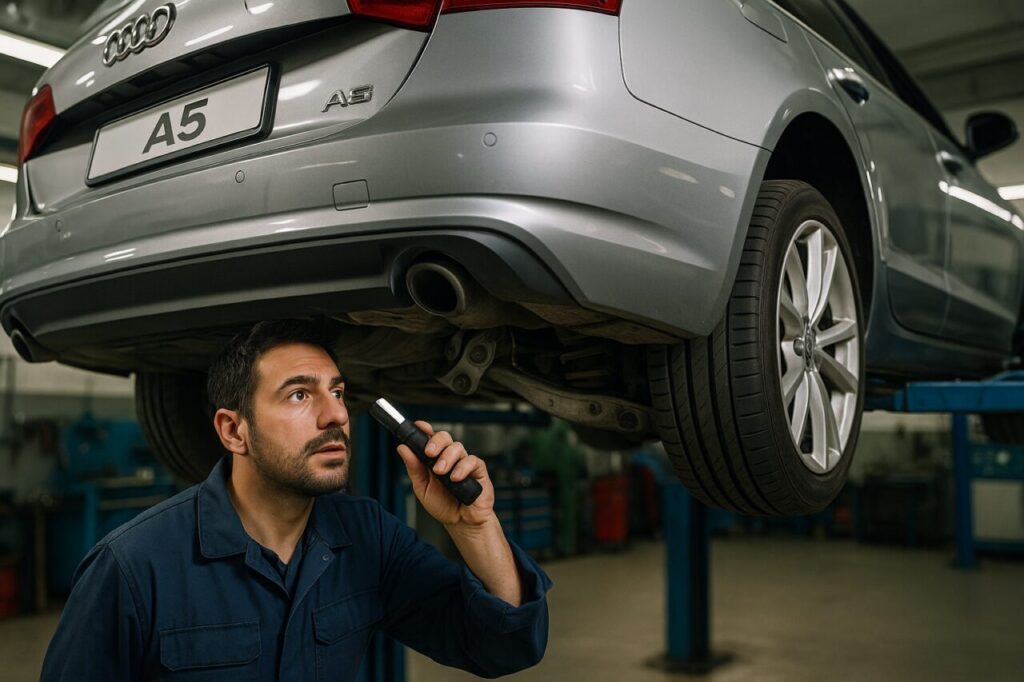 Meccanico italiano controlla le sospensioni anteriori in alluminio di un'Audi A5 Sportback usata su ponte elevatore