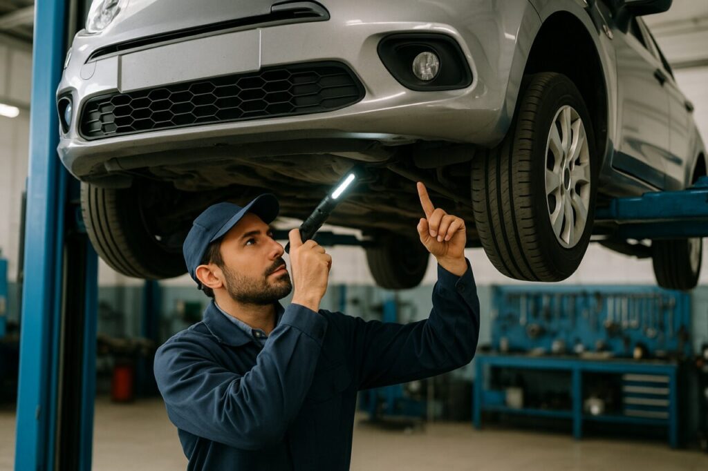 Meccanico italiano controlla sospensioni e telaio di una Citroën C3 usata su elevatore