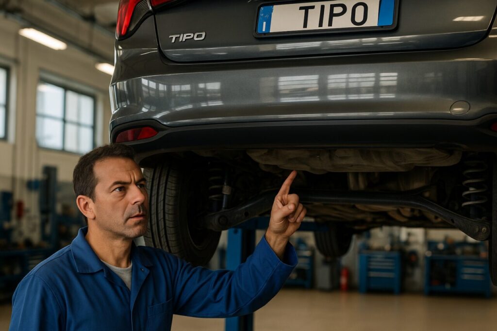 Meccanico italiano controlla le sospensioni di una Fiat Tipo sull'elevatore