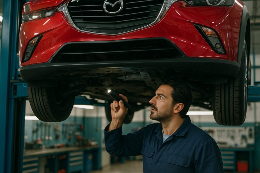 Meccanico italiano controlla le sospensioni anteriori di un Mazda CX-3 usato sull'elevatore