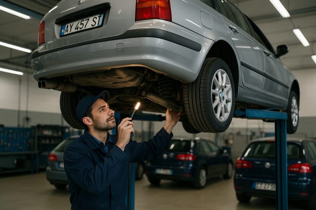 Meccanico italiano controlla la sospensione e i componenti di una station wagon usata sul ponte elevatore