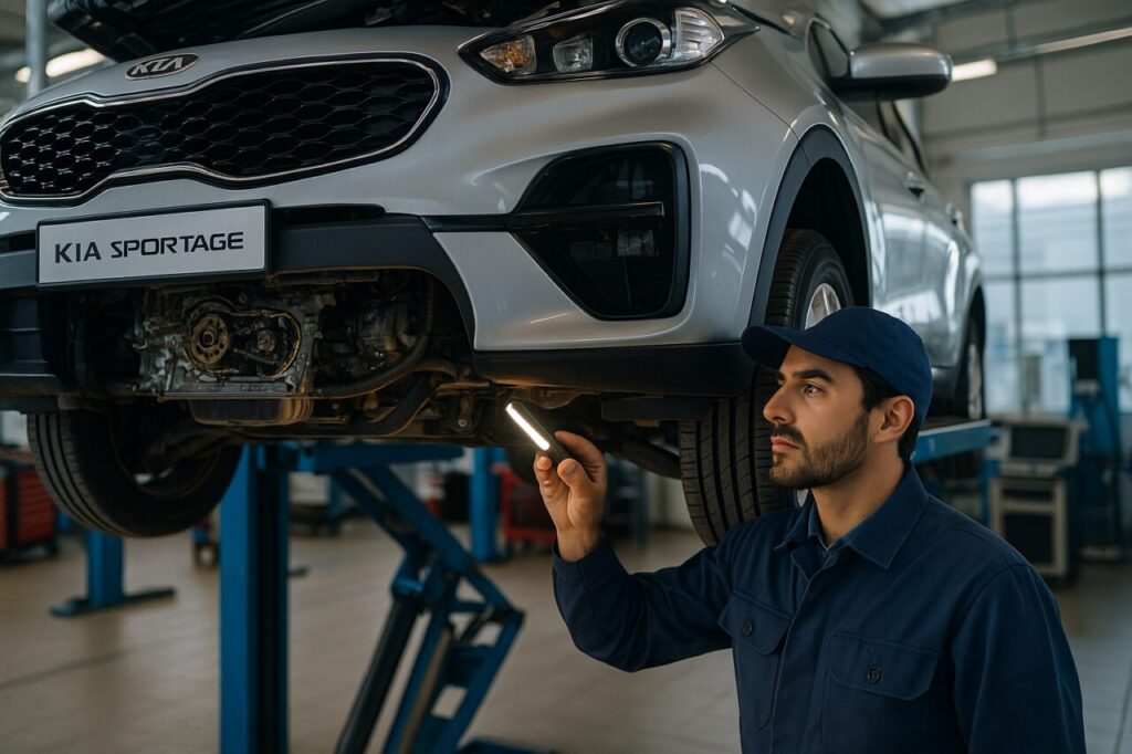 Meccanico italiano ispeziona il motore e la catena di distribuzione di un KIA Sportage usato