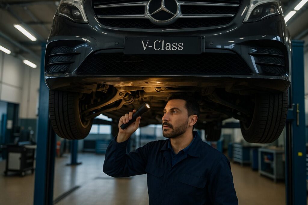 Meccanico italiano controlla i braccetti anteriori e la sospensione di una Mercedes Classe V usata