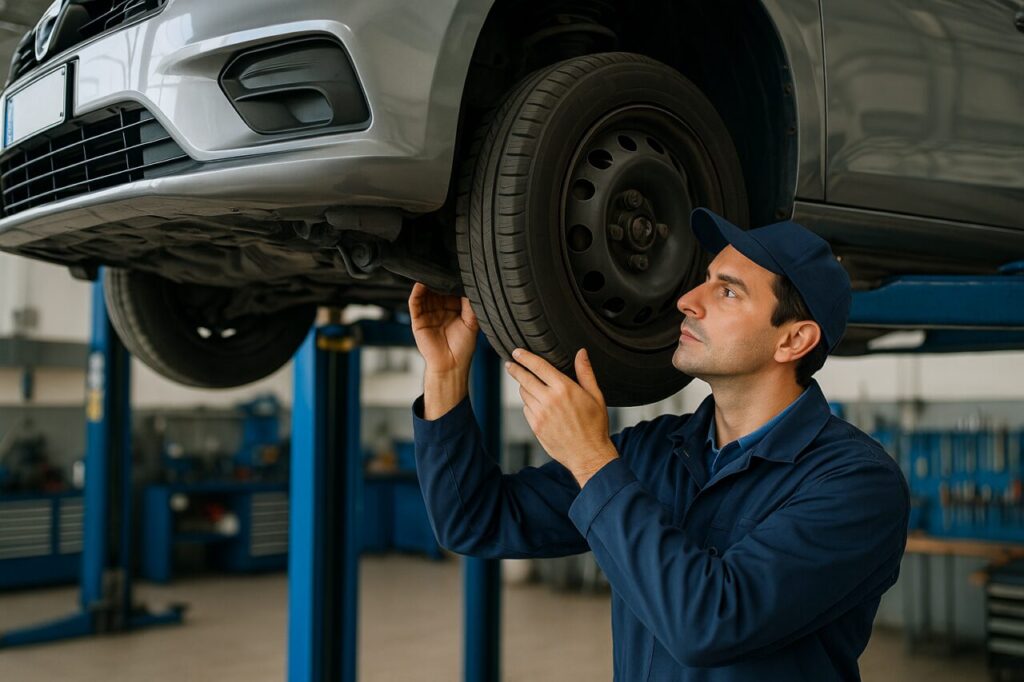Meccanico italiano controlla le sospensioni e i silent block di un'auto in officina, manutenzione DFSK F500