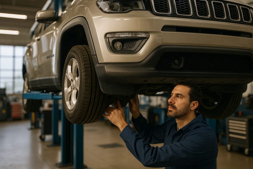 Meccanico italiano controlla i braccetti e i silent block di un Jeep Compass usato sull'elevatore