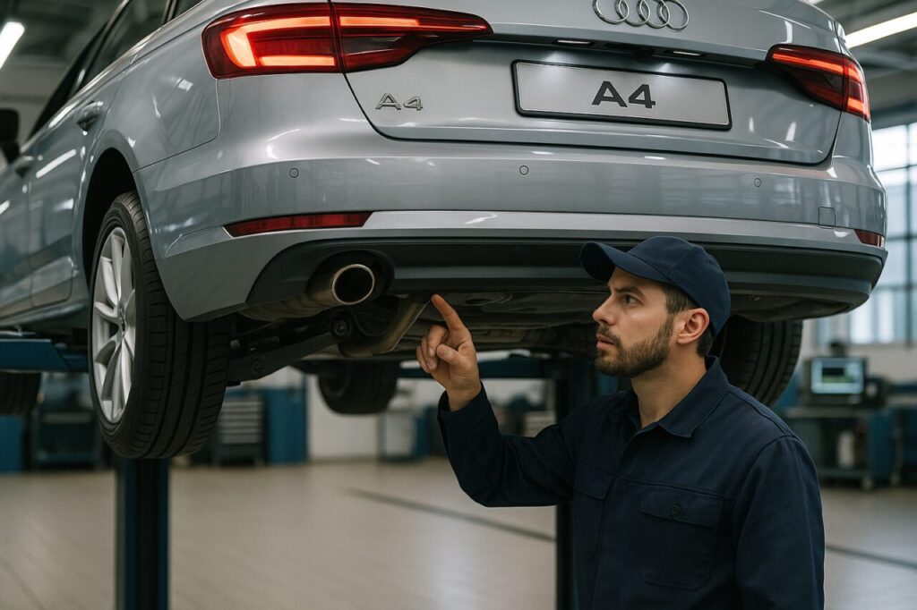 Meccanico italiano controlla sospensioni Audi A4 usata su elevatore in officina