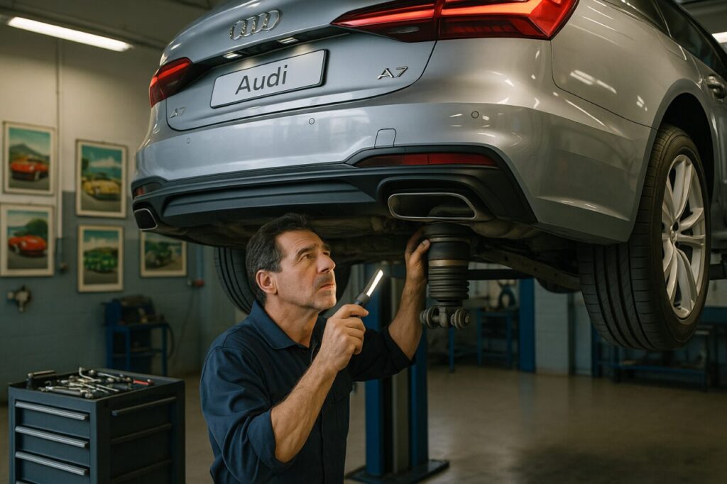 Meccanico italiano controlla le sospensioni pneumatiche di un'Audi A7 Sportback usata in officina