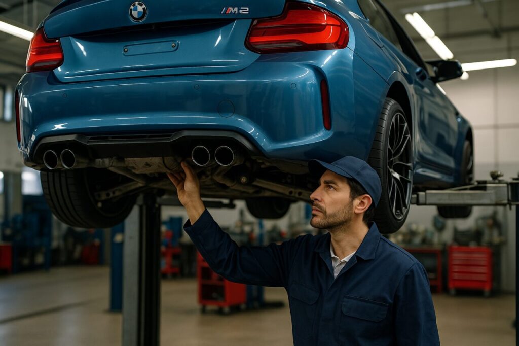Meccanico italiano ispeziona il sottoscocca di una BMW M2 usata in officina