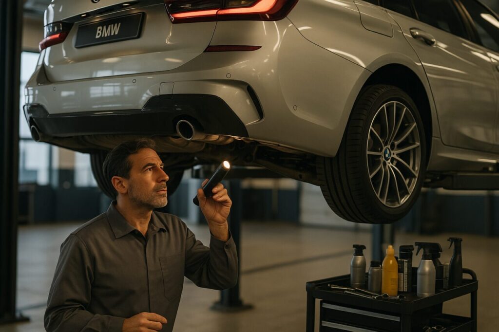 Meccanico italiano controlla le sospensioni multilink di una BMW Serie 3 Touring usata in officina