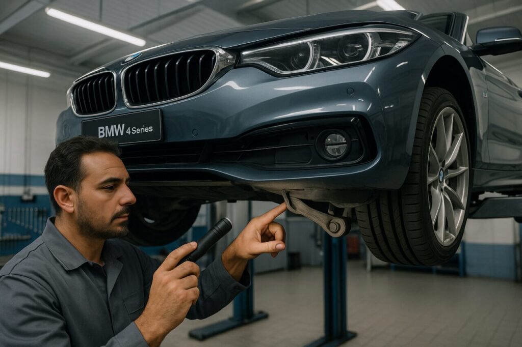 Meccanico italiano controlla le sospensioni di una BMW Serie 4 Cabrio usata su elevatore in officina