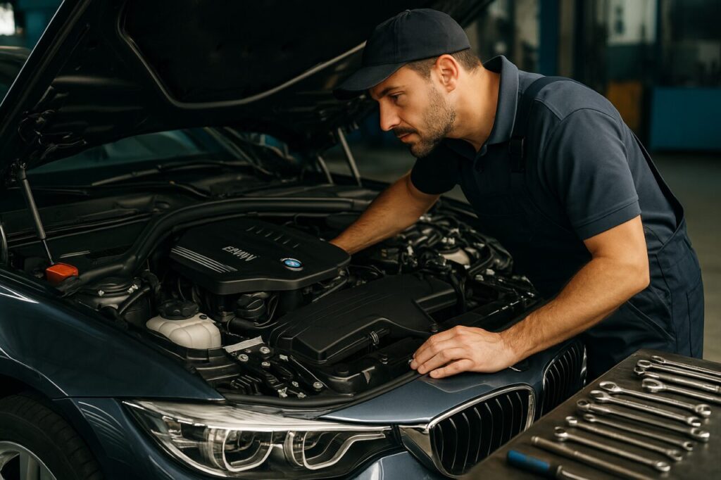 Meccanico italiano controlla il motore B48 di una BMW Serie 4 in officina specializzata