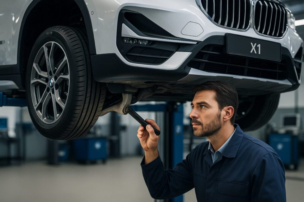 Meccanico italiano controlla i braccetti anteriori di un BMW X1 usato su ponte sollevatore in officina