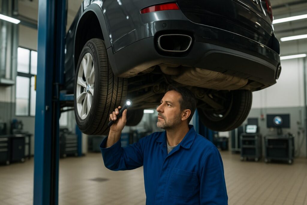 Meccanico italiano controlla le sospensioni di una BMW X5 usata su elevatore in officina specializzata BMW