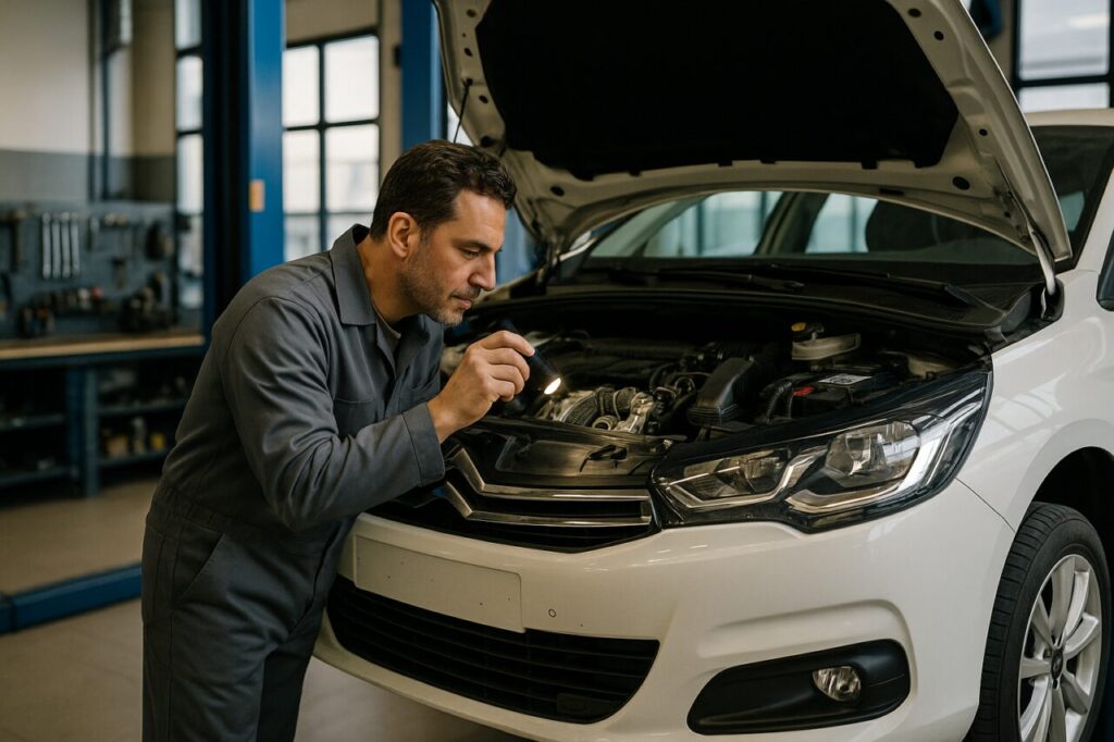 Meccanico italiano controlla la cinghia di distribuzione del motore PureTech di una Citroën C4 usata in officina