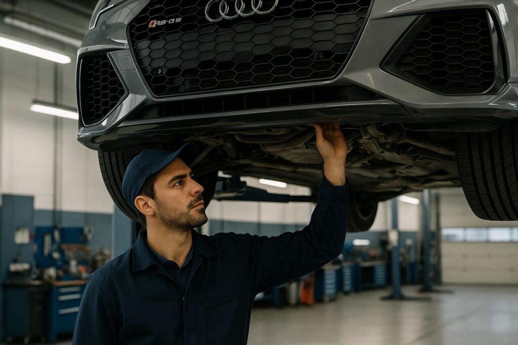 Meccanico professionista controlla il sottoscocca di un Audi RS Q3 Sportback usato in officina italiana