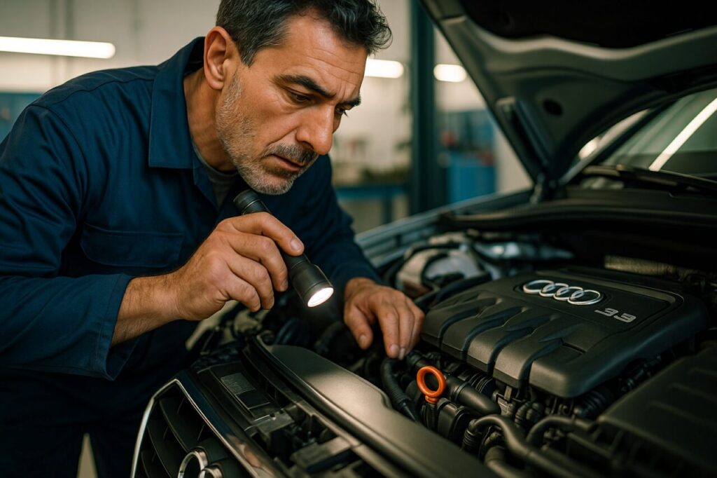 Meccanico esperto controlla motore TFSI di Audi A3 usata in officina italiana