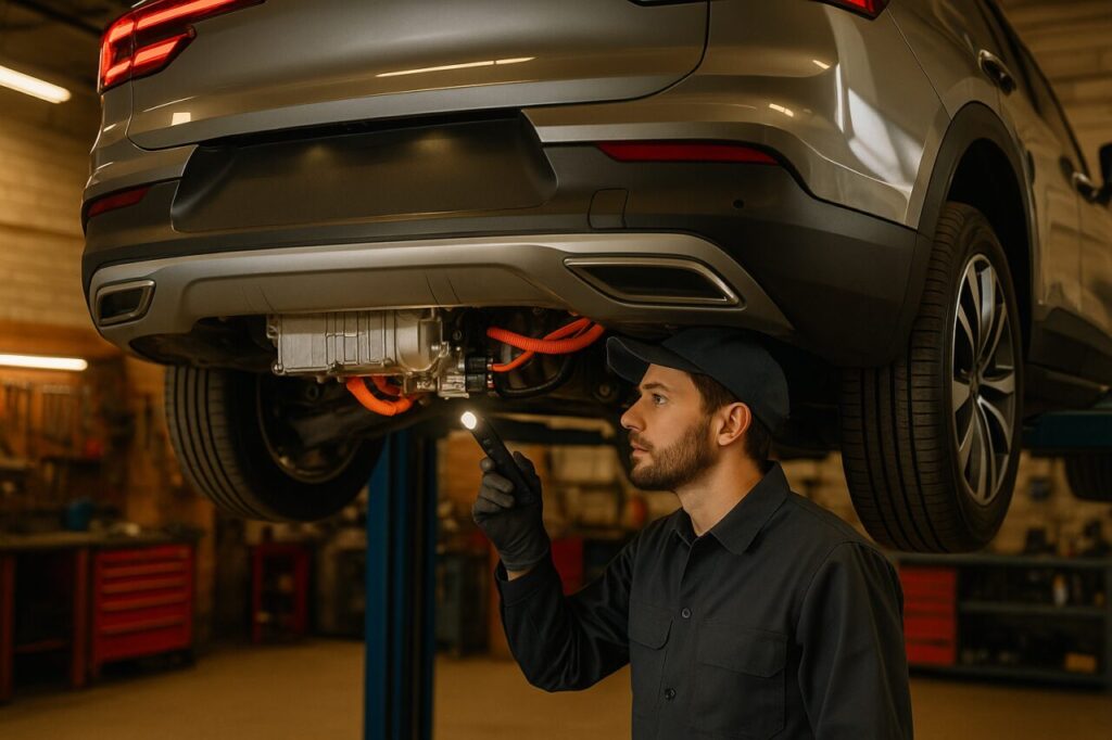 Meccanico specializzato controlla il sistema ibrido di un SUV in officina italiana