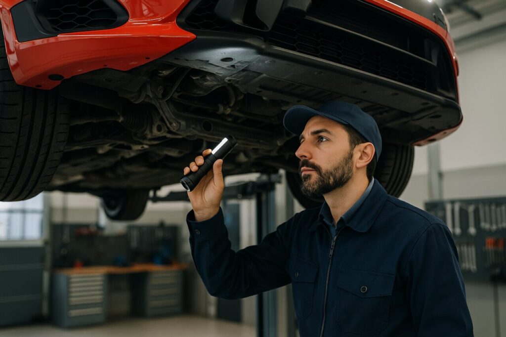 Meccanico italiano controlla i silent block e le sospensioni di un'Abarth 595 usata in officina