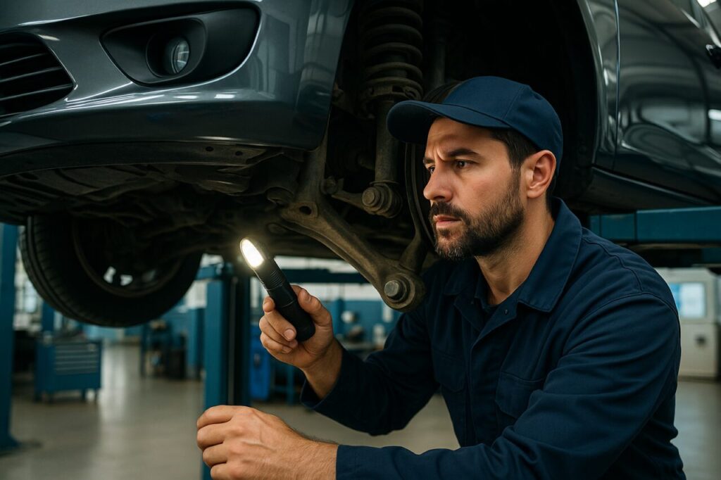 Meccanico controlla i braccetti anteriori e i silent block di un'Audi A1 Sportback usata in officina