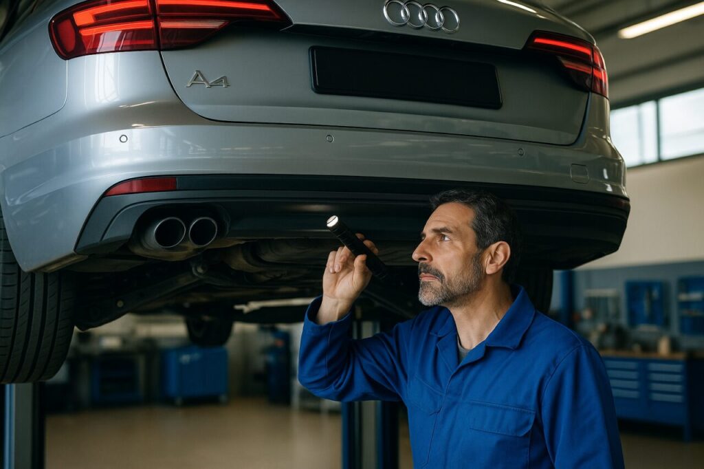 Meccanico italiano controlla le sospensioni di un'Audi A4 Avant usata in officina