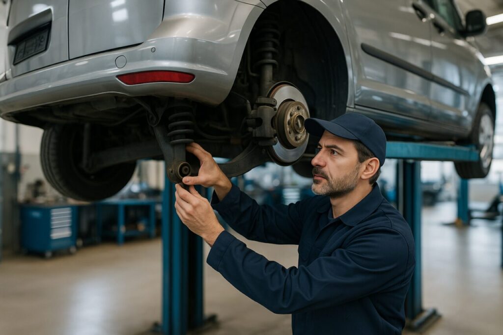 Meccanico italiano controlla le sospensioni e la distribuzione di una Dacia Lodgy in officina