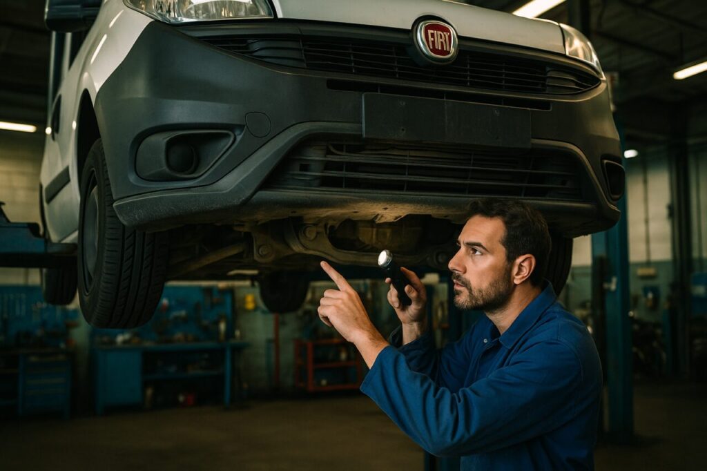 Meccanico italiano controlla le sospensioni anteriori di un Fiat Doblò Cargo in officina, manutenzione furgone usato