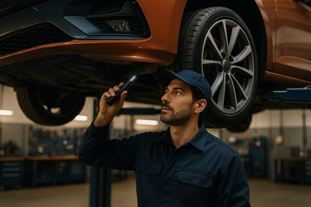 Meccanico italiano controlla le sospensioni di una Ford Focus ST usata su un elevatore in officina