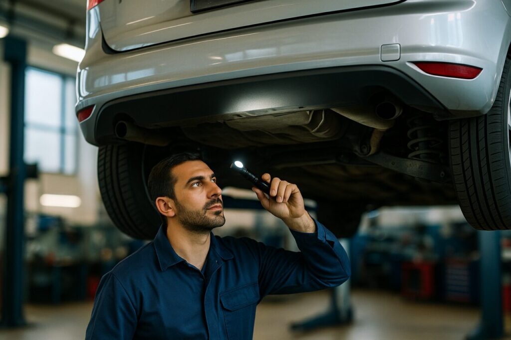 Meccanico italiano controlla il retrotreno e i braccetti anteriori di una Ford Fiesta usata in officina
