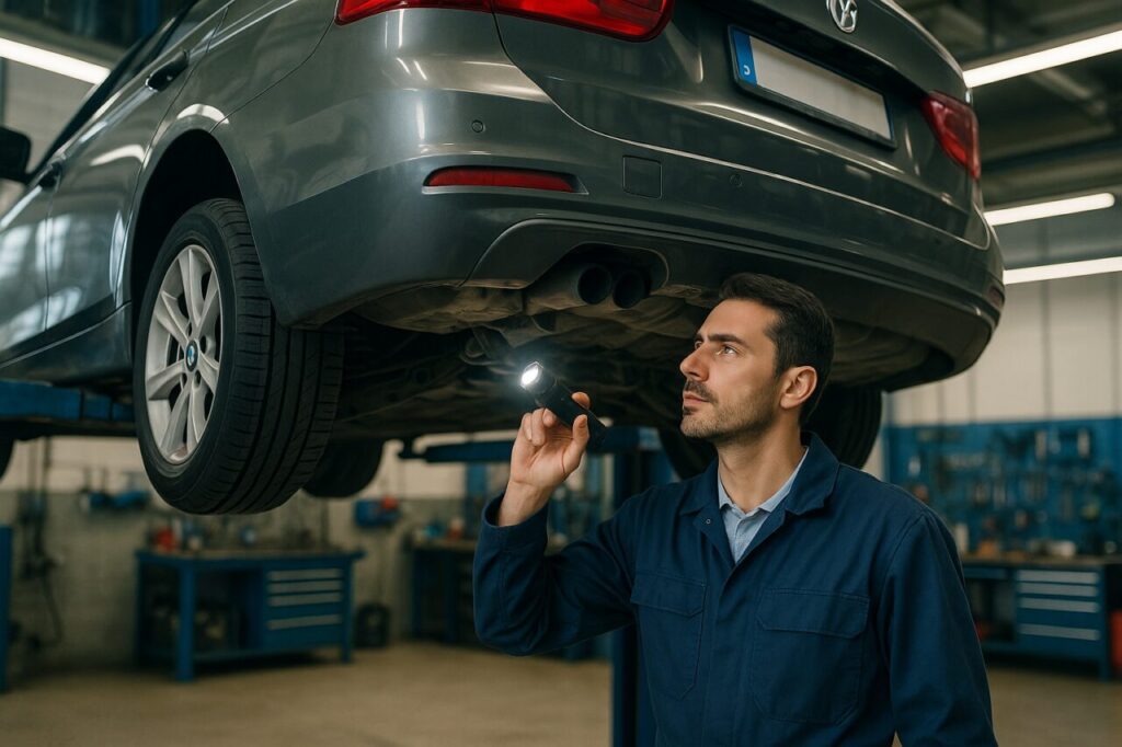 Meccanico italiano controlla la sospensione di una station wagon usata sull'elevatore in officina