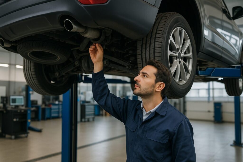 Meccanico italiano controlla il differenziale posteriore e le sospensioni di un SUV usato su elevatore