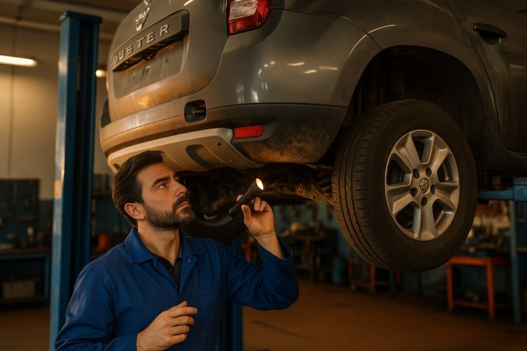 Meccanico italiano controlla il sottoscocca di un Dacia Duster usato su elevatore in officina