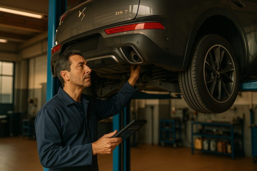 Meccanico italiano controlla le sospensioni e il motore PureTech di una DS 7 usata in officina
