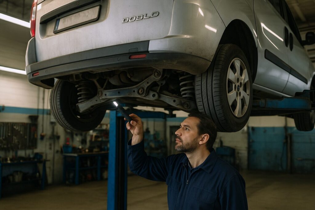 Meccanico italiano ispeziona il sottoscocca di un Fiat Doblò usato in officina
