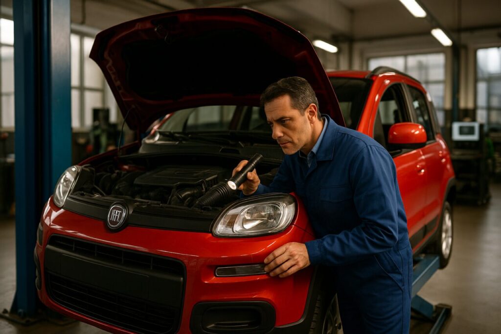 Meccanico esperto controlla motore Fiat Grande Panda ibrida in officina italiana