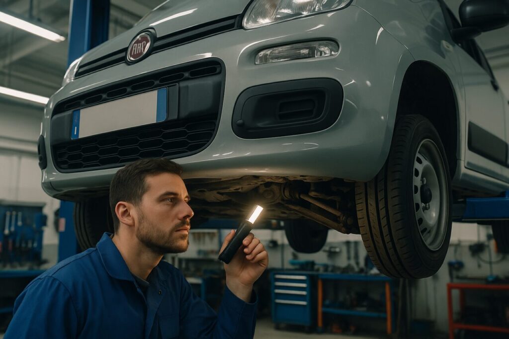 Meccanico italiano ispeziona il sottoscocca di una Fiat Panda in officina, manutenzione NLT
