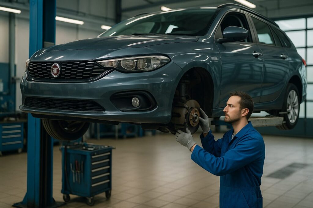Meccanico controlla le sospensioni di una Fiat Tipo Station Wagon in officina italiana