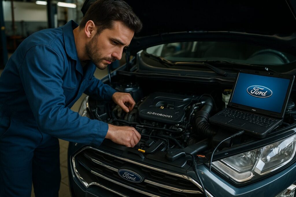 Meccanico controlla motore Ford EcoSport 1.0 EcoBoost in officina italiana, catena distribuzione e manutenzione