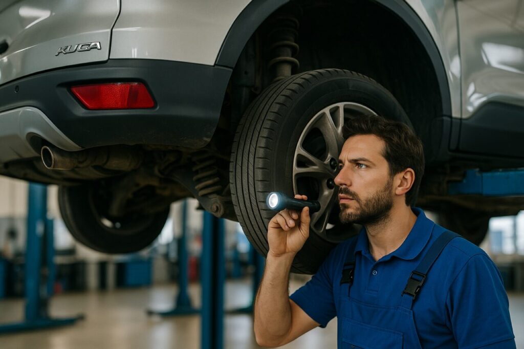 Meccanico italiano controlla la sospensione posteriore di un Ford Kuga sull'elevatore in officina