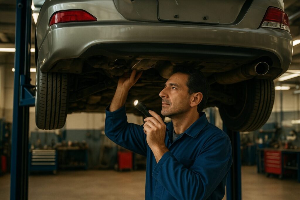 Meccanico italiano controlla la sottoscocca di una Honda Civic usata in officina
