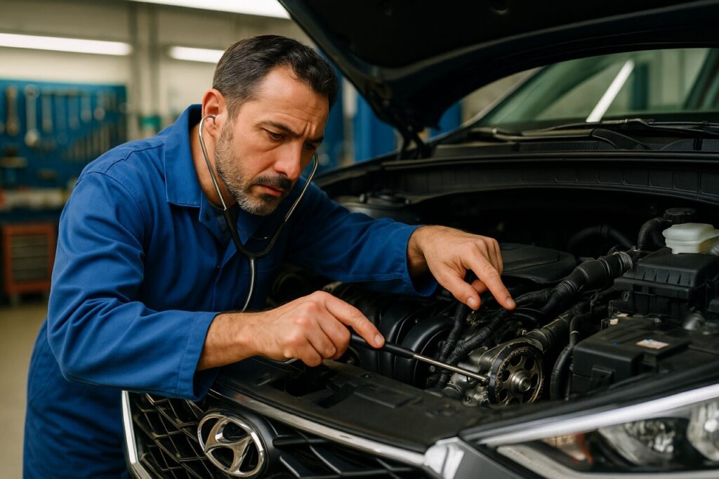 Meccanico italiano controlla la catena di distribuzione di un Hyundai Santa Fe usato in officina