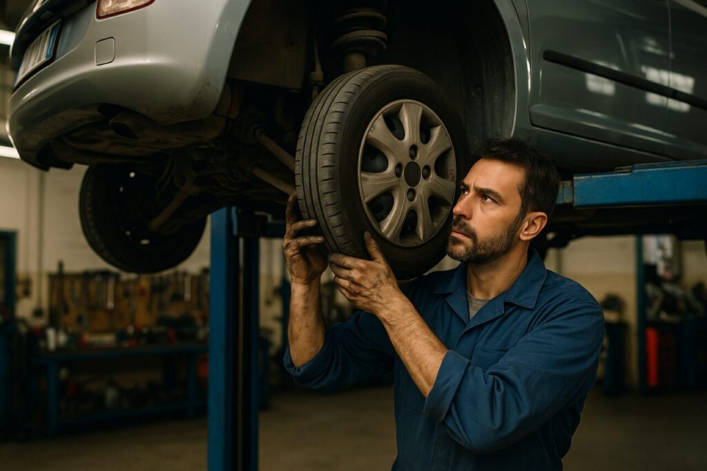 Meccanico italiano che ispeziona i punti deboli di una Fiat Punto sull'elevatore in officina