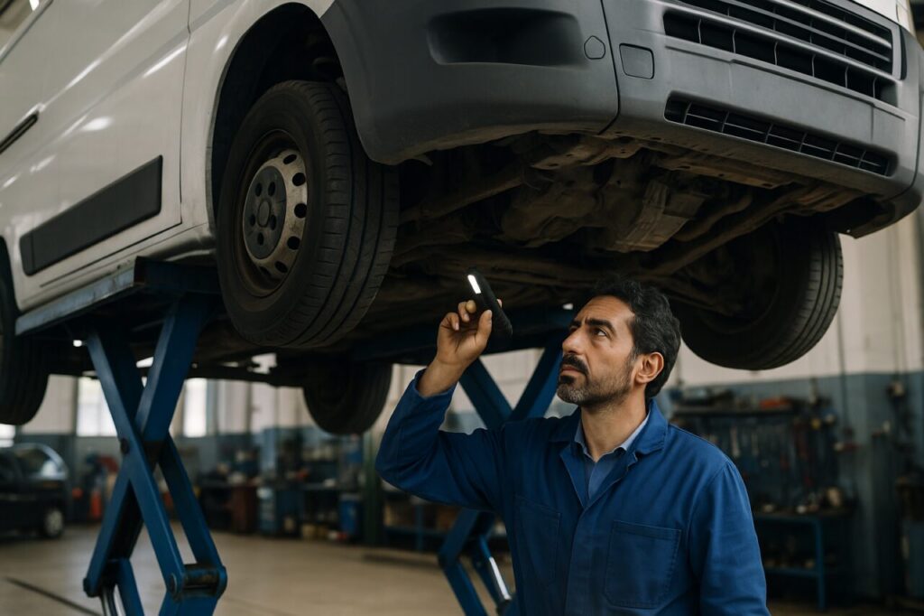 Meccanico italiano ispeziona il telaio di un furgone Jumper usato su elevatore in officina, controllo tecnico NLT