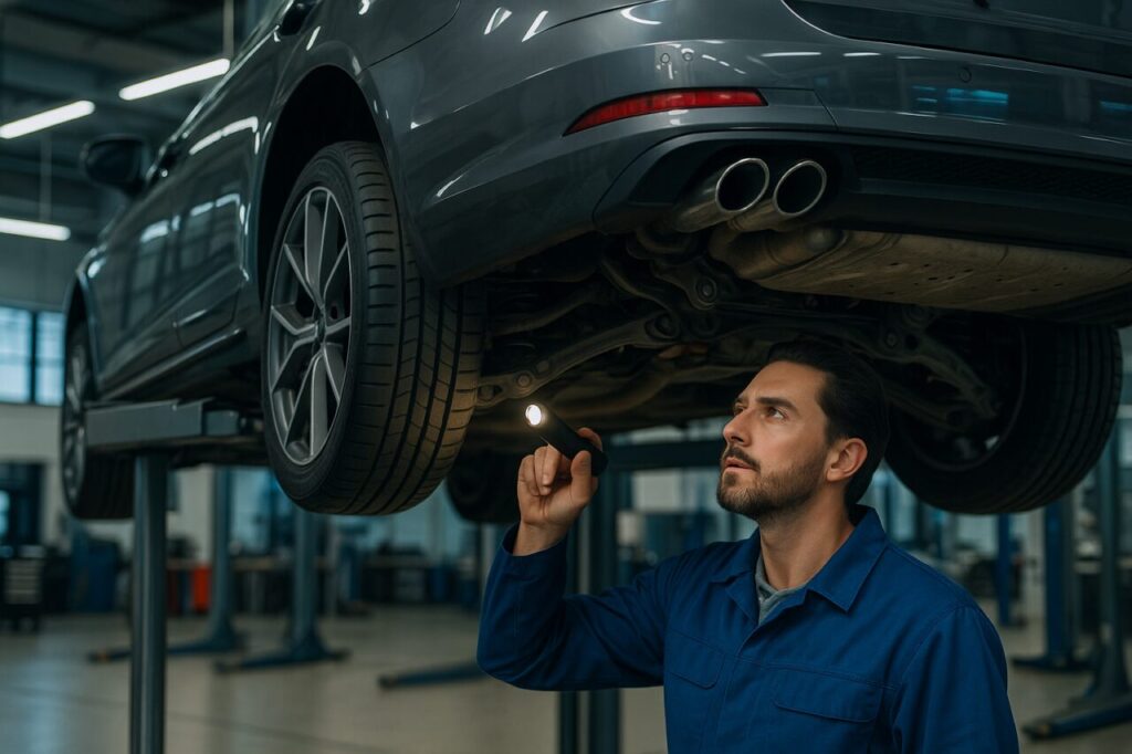 Meccanico italiano ispeziona sospensioni posteriori multilink di una station wagon sportiva in officina a Milano, manutenzione noleggio lungo termine