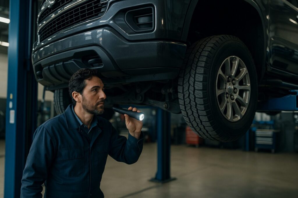 Meccanico italiano ispeziona il sottoscocca di un SUV Ford Explorer usato in officina professionale