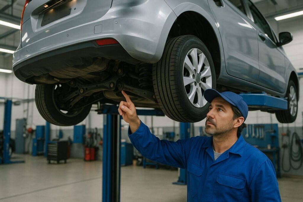 Meccanico italiano controlla i braccetti e silent block posteriori di un Ford Tourneo Courier in officina