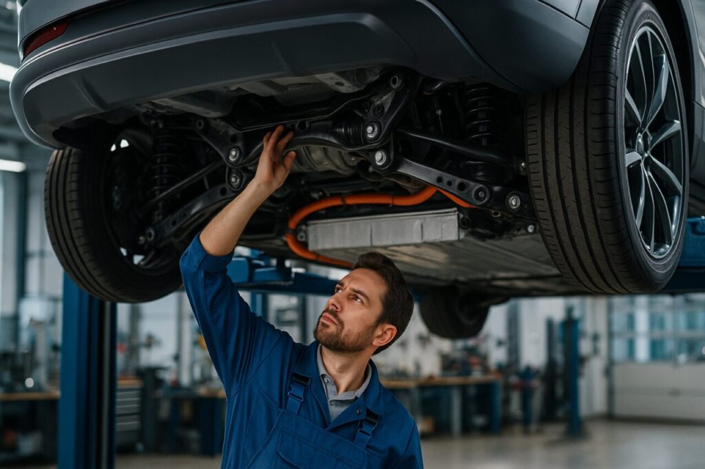 Meccanico specializzato controlla i silent block e l'assale posteriore di un SUV elettrico in officina italiana